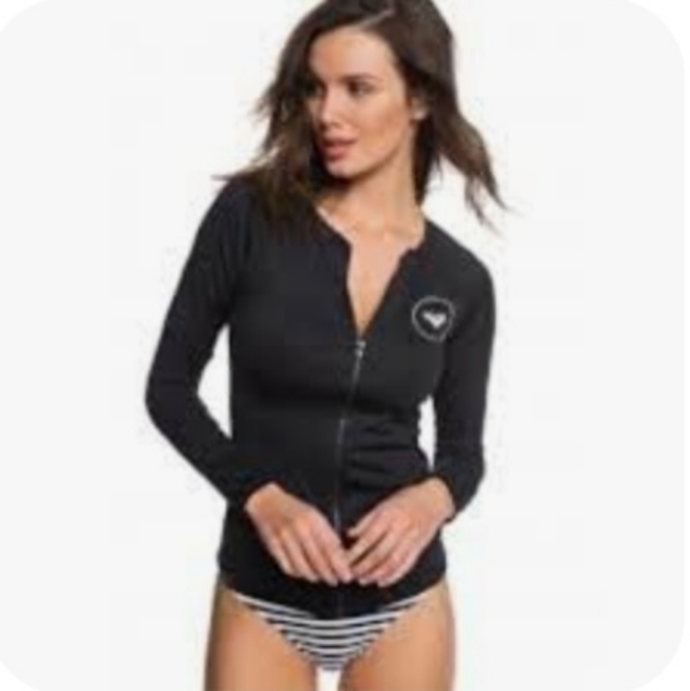 ROXY Essentials Long Sleeve Zip-Up UPF 50 Rashguard Blk/White Size L NWT NEW - Picture 4 of 10